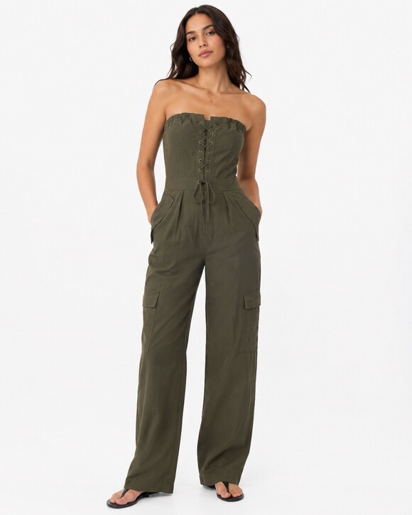Express Pants - Express Women’s Strapless Lace-Up Cargo Jumpsuit Olive Size 0 NWT